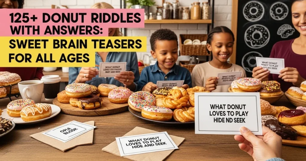 Family enjoying donut riddles and brain teasers in modern kitchen