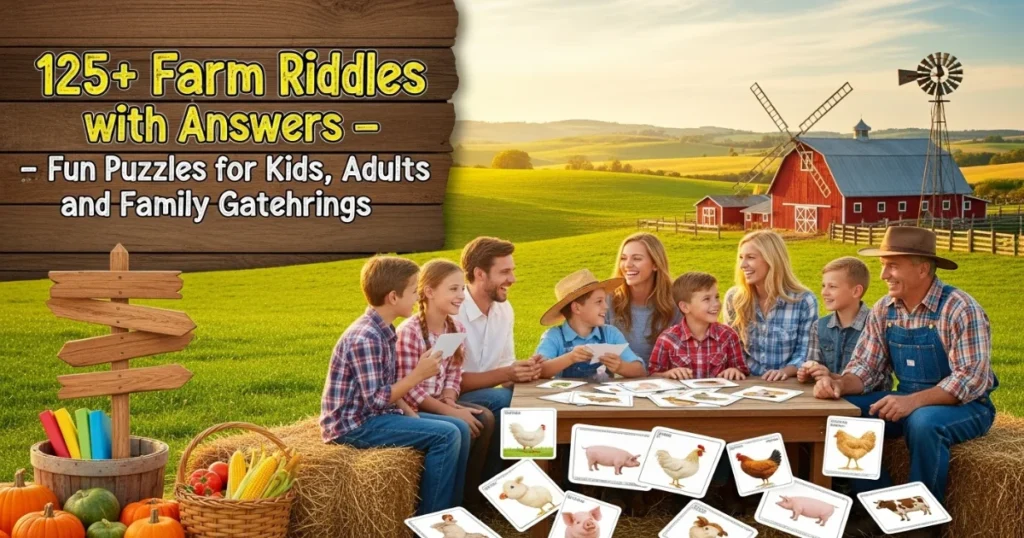 Family enjoying farm riddles with animal cards outdoors on sunny day