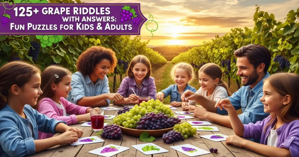 Family solving grape riddles together at vineyard table with fresh grapes