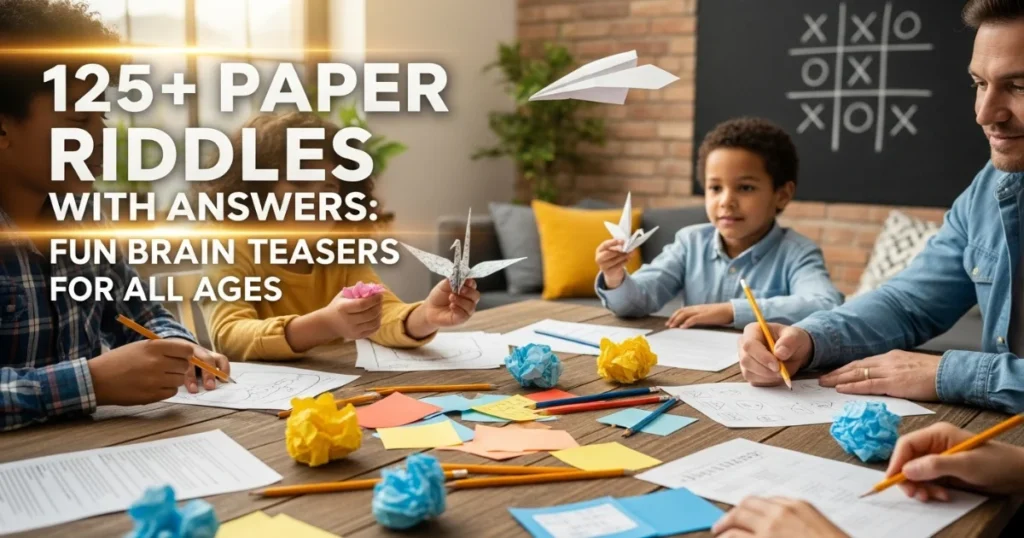 Family solving paper riddles together with colorful notes and pencils