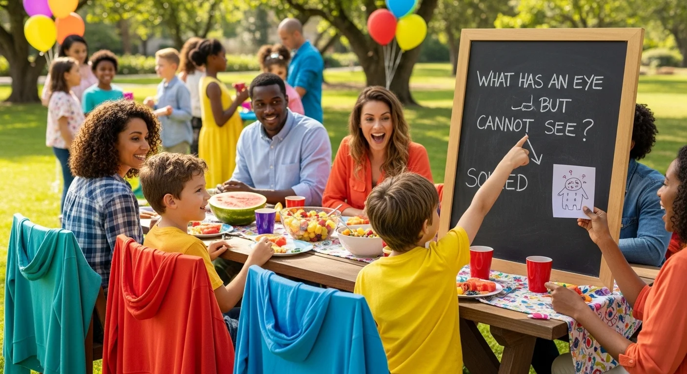 125+ Hood Riddles with Answers: Challenge Your Wit in the Streets 1 Family solving needle riddle at outdoor party with blackboard