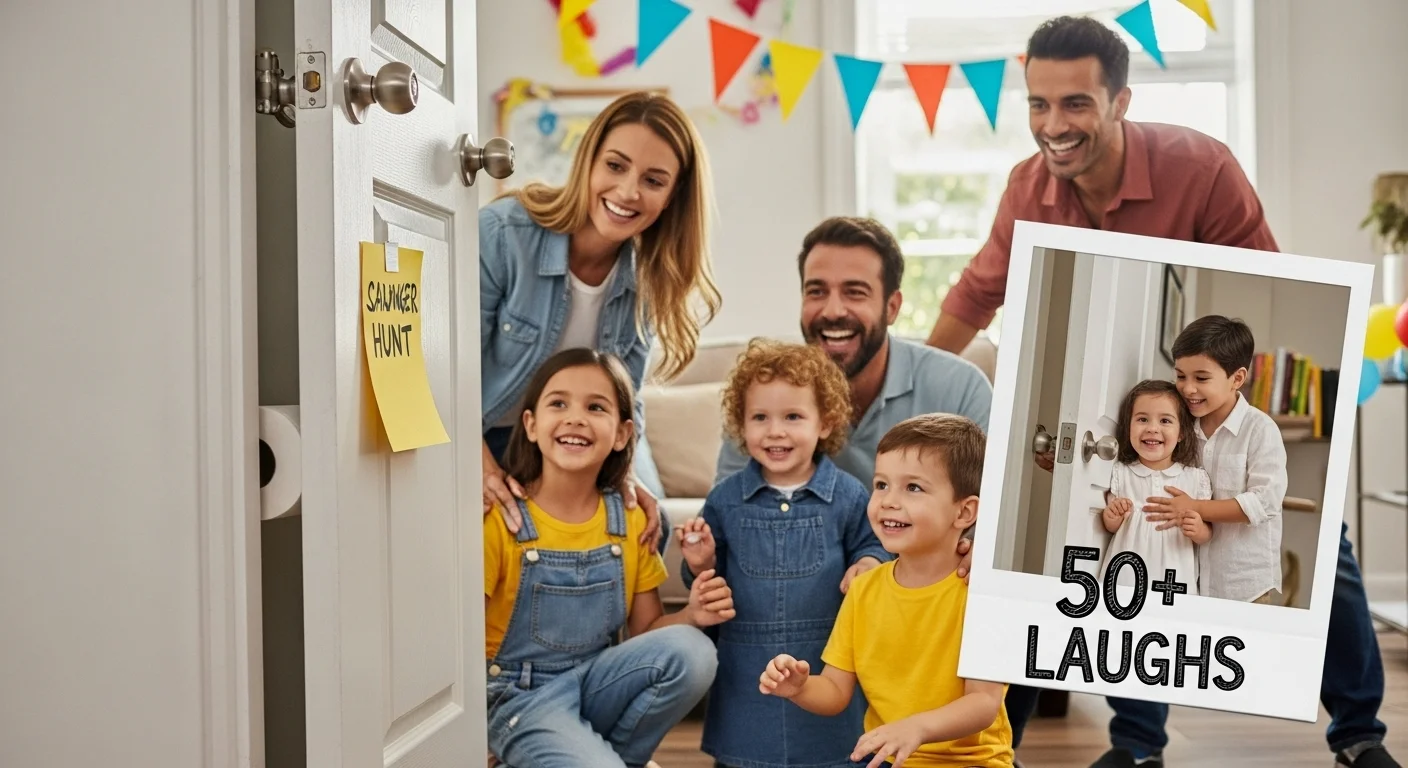 Happy family playing scavenger hunt game with toilet paper riddles