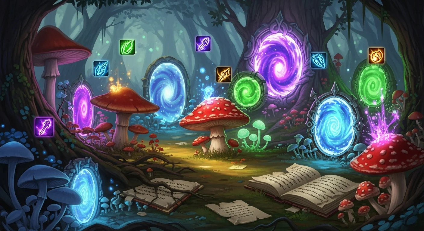 125+ Mushroom Riddles with Answers: Fun Brain Teasers for Kids and Adults 3 Magical mushroom forest with glowing portals and spell books
