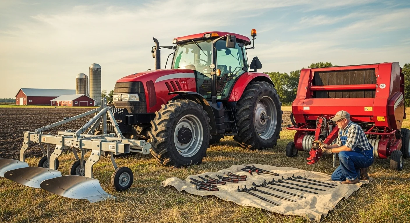 Farmer maintaining red tractor with tools spread out on field