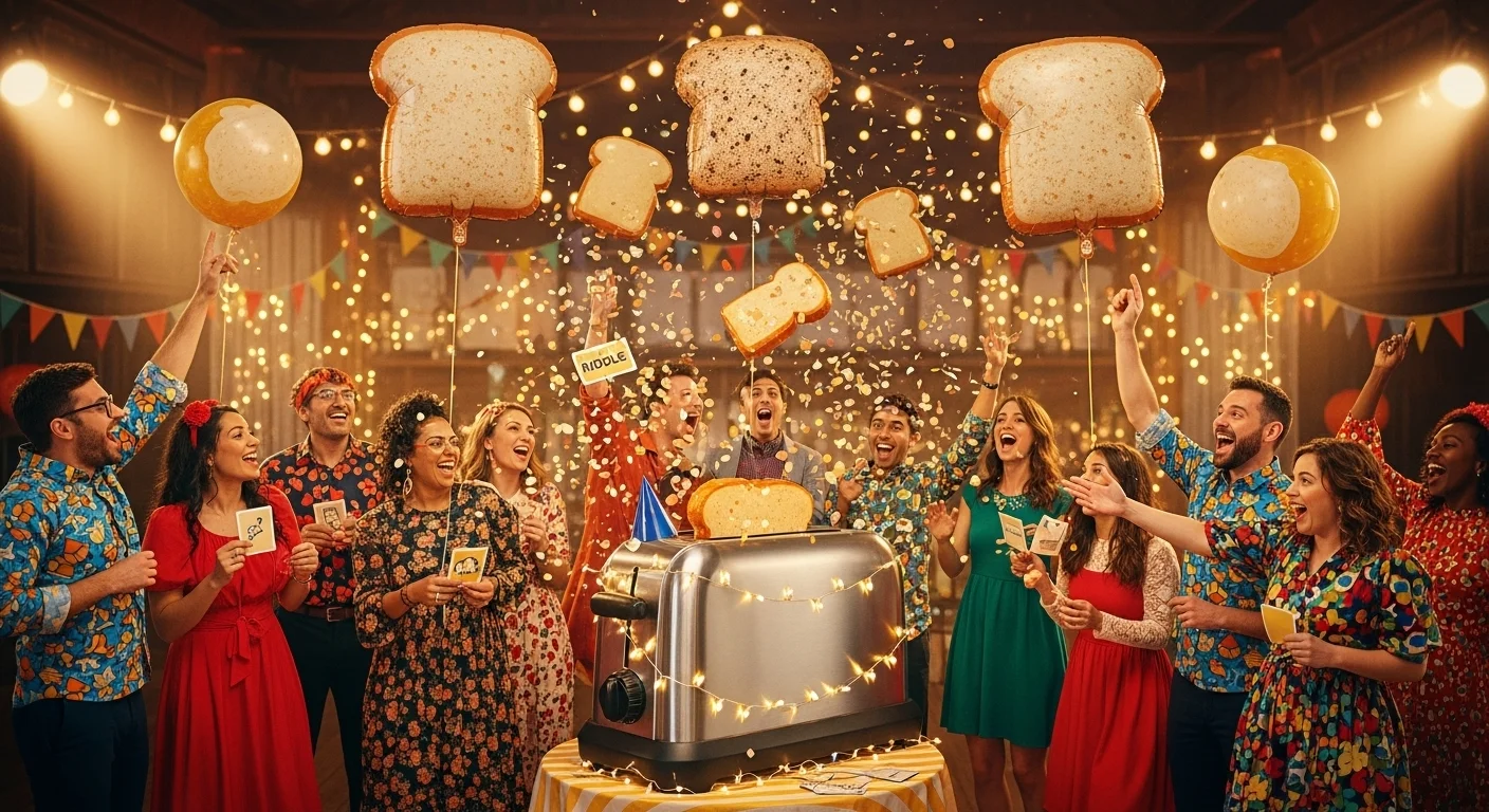 125+ Toaster Riddles with Answers: Funny Brain Teasers for Breakfast Fun 3 Diverse group celebrating with toaster-shaped decorations and riddle games