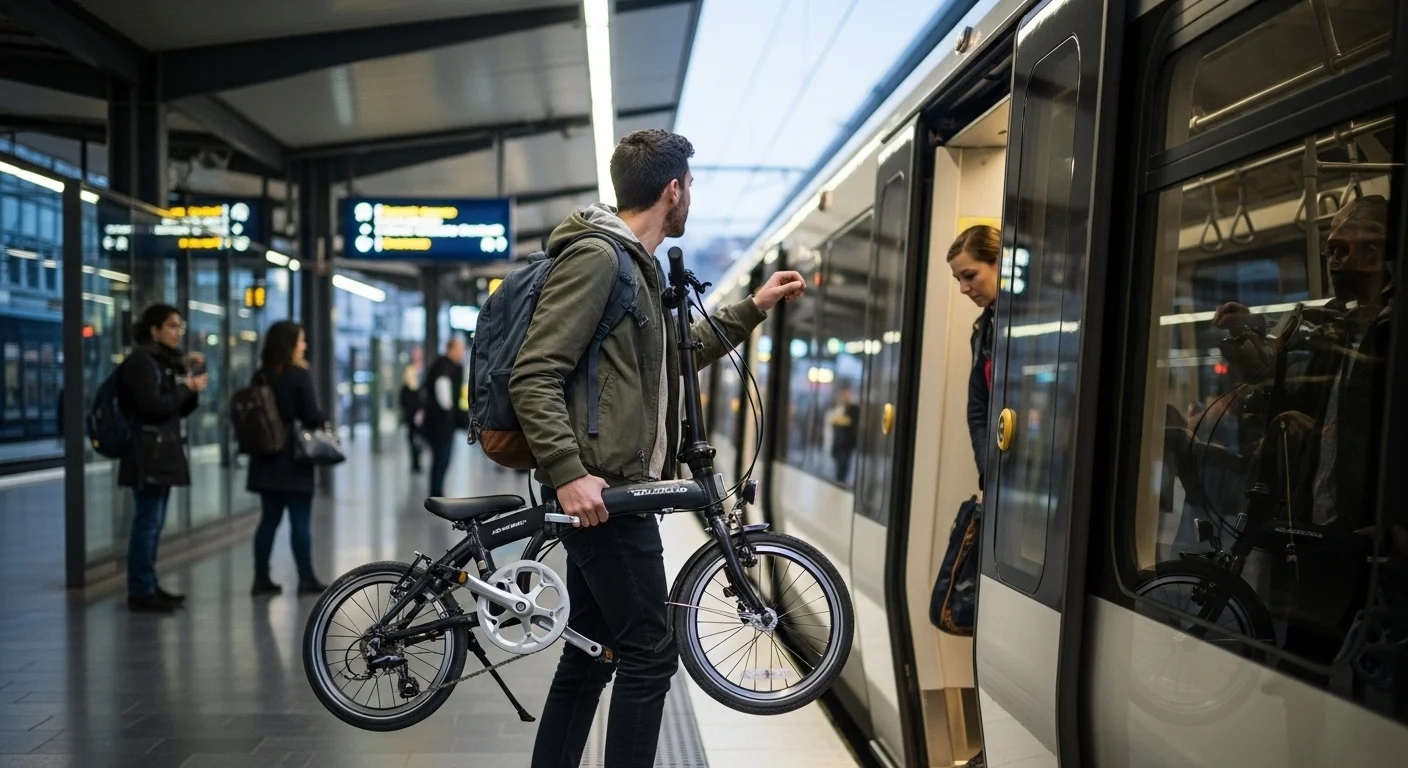 125+ Bicycle Riddles with Answers: A Fun Ride for All Ages 7 Commuter with folding bike on public transportation platform