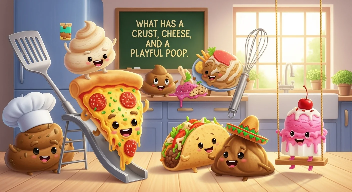 Animated food characters with poop humor in colorful kitchen setting