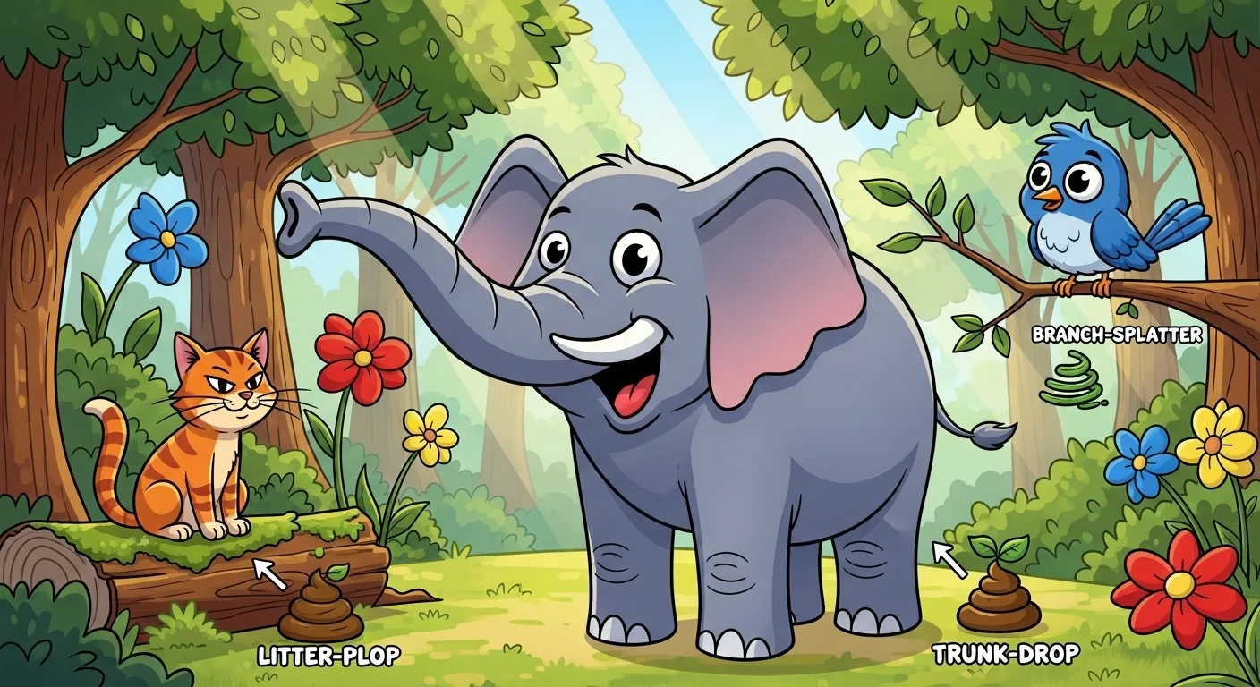 Cute forest animals demonstrating poop humor in woodland setting