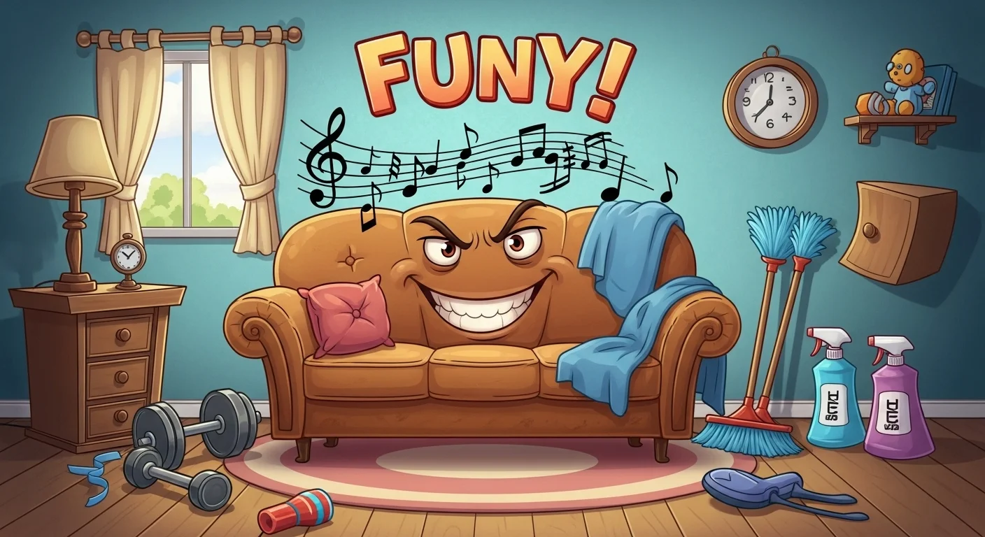 Animated smiling couch character with musical notes and cleaning supplies