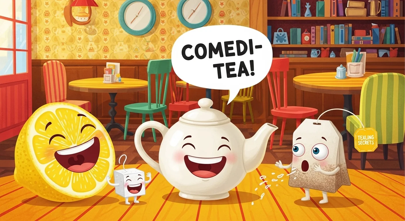 Cartoon tea characters sharing jokes and funny riddles in cafe