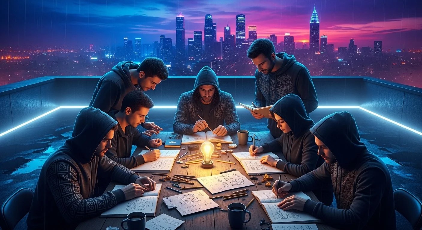 125+ Hood Riddles with Answers: Challenge Your Wit in the Streets 9 Futuristic team solving riddles with neon cityscape and LED lighting