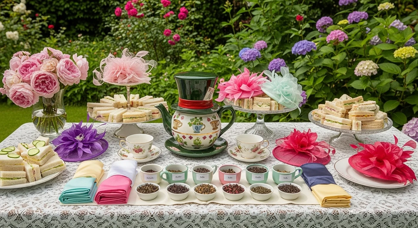 Elegant garden tea party with fancy hats and tea riddle activities