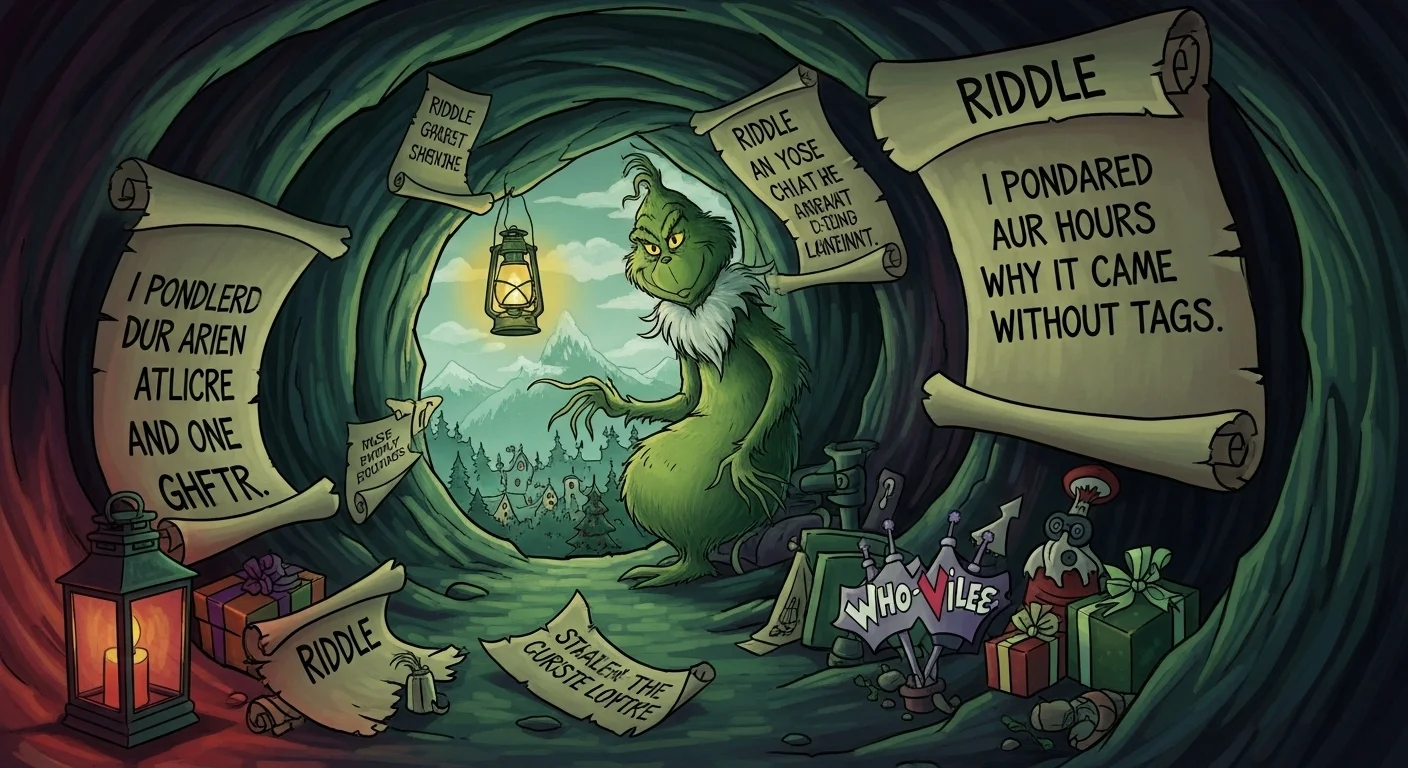 125+ Grinch Riddles with Answers: Festive Brain Teasers for Holiday Fun 3 Grinch in mountain cave surrounded by riddle scrolls and lantern light
