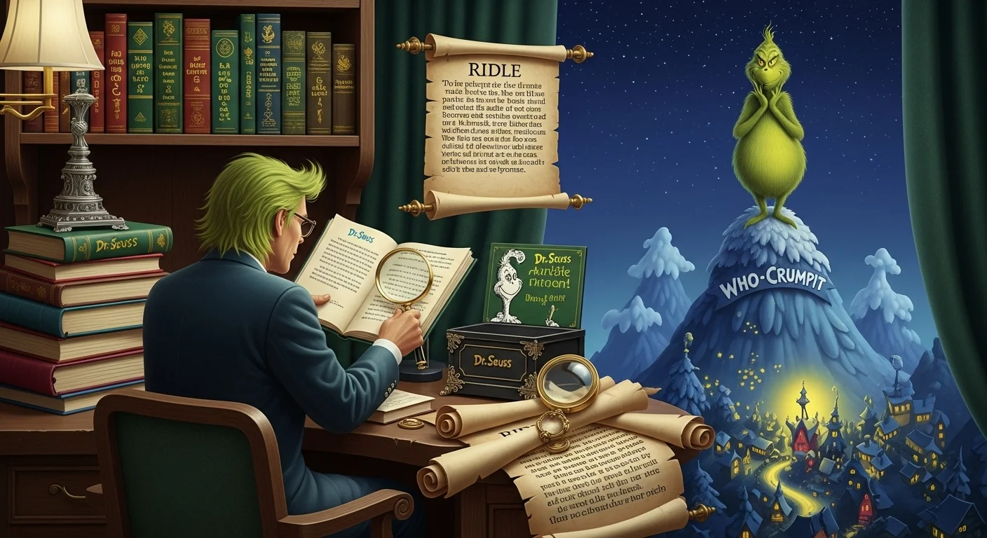 125+ Grinch Riddles with Answers: Festive Brain Teasers for Holiday Fun 7 Grinch studying riddles in cozy library with magnifying glass at night