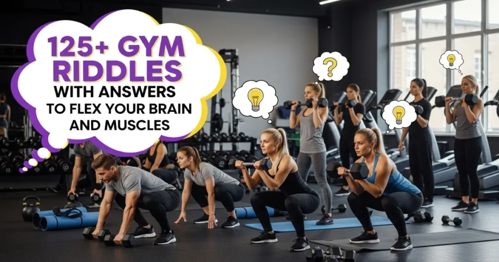 Group fitness class doing squats with gym riddles brain teasers overlay