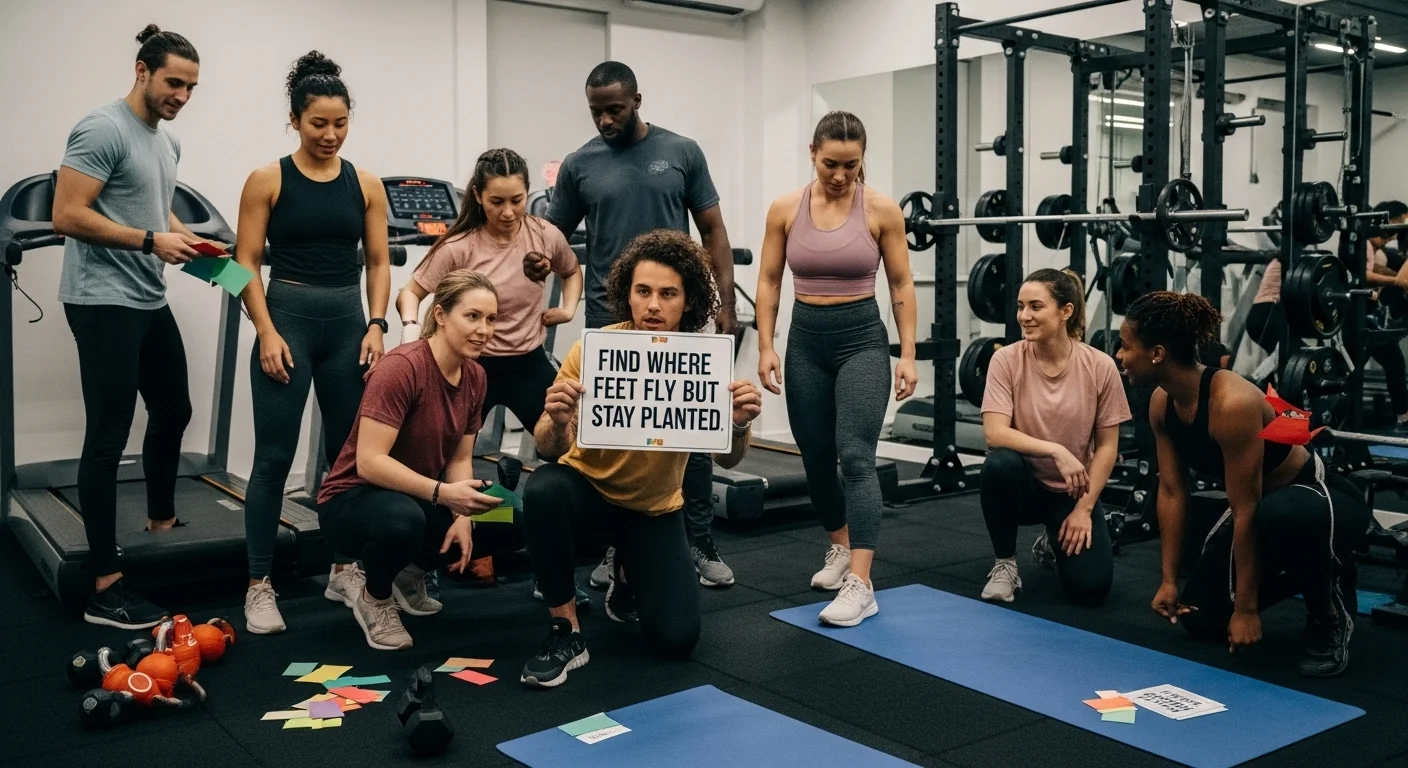 Diverse gym group solving fitness riddles during team building exercise
