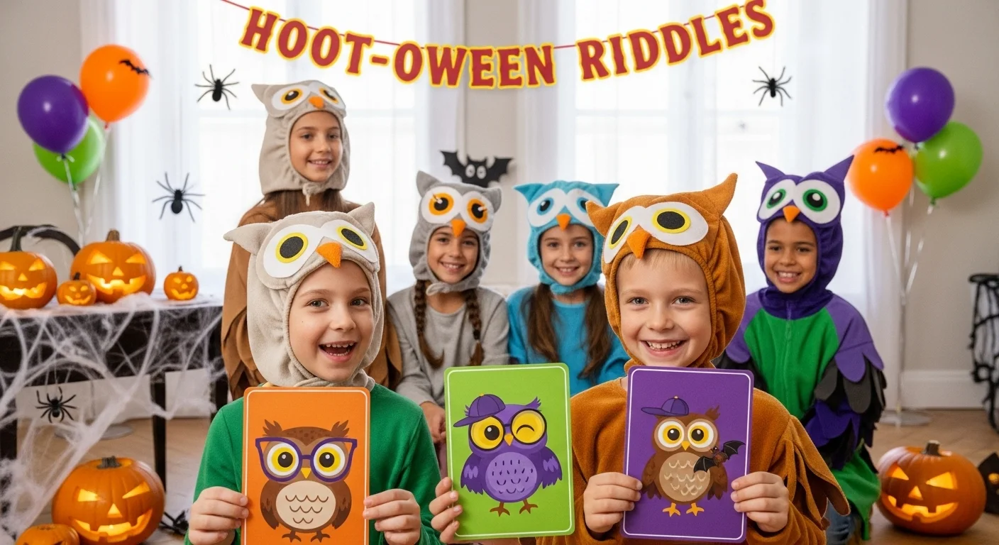 125+ Owl Riddles with Answers: Fun Brain Teasers for Kids, Adults, and Puzzle Lovers 1 Children in owl costumes holding riddle cards at Halloween party