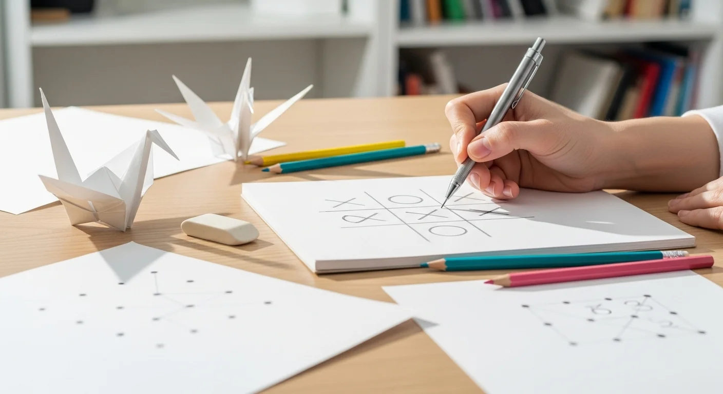 Hand drawing tic-tac-toe game surrounded by origami paper crafts