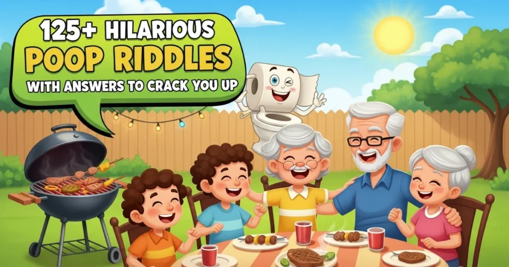 Family enjoying poop riddles during backyard barbecue party