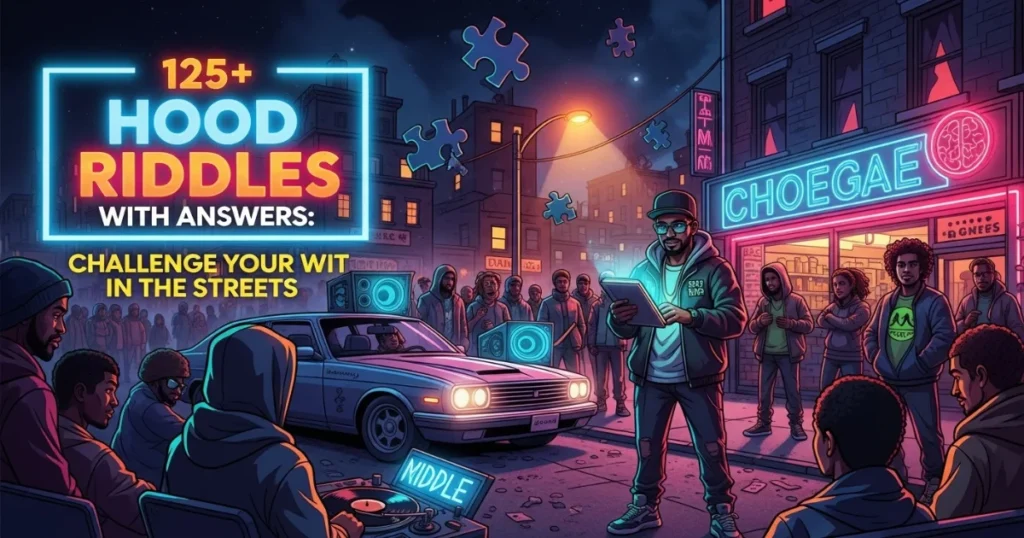 Hood riddles street challenge with neon signs and urban crowd
