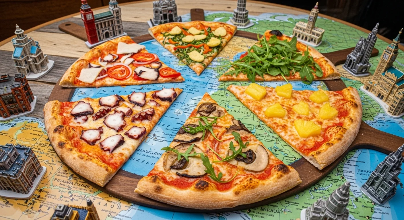 125+ Pizza Riddles and Jokes to Make Your Next Pizza Night Unforgettable 8 Pizza slices on world map with international landmark models