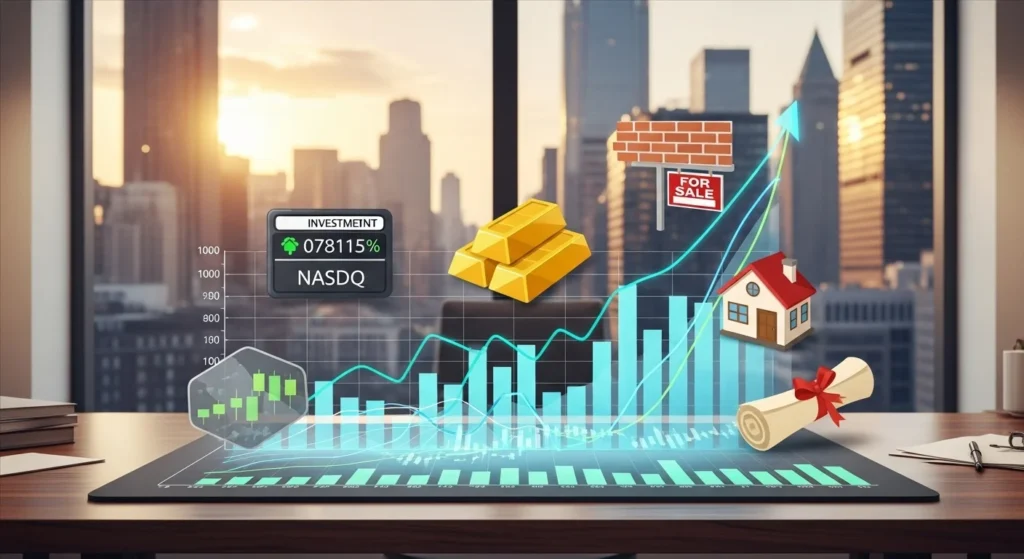 Investment portfolio showing real estate stocks gold financial growth