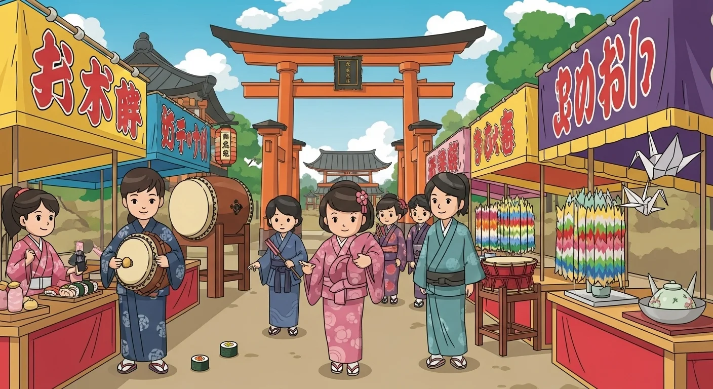 150+ Japan Riddles with Answers: Unlock the Wisdom of Japanese Wordplay 4 Colorful Japanese festival market with traditional games and riddles