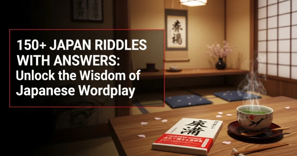 Traditional Japanese tea room with riddle book and steaming green tea