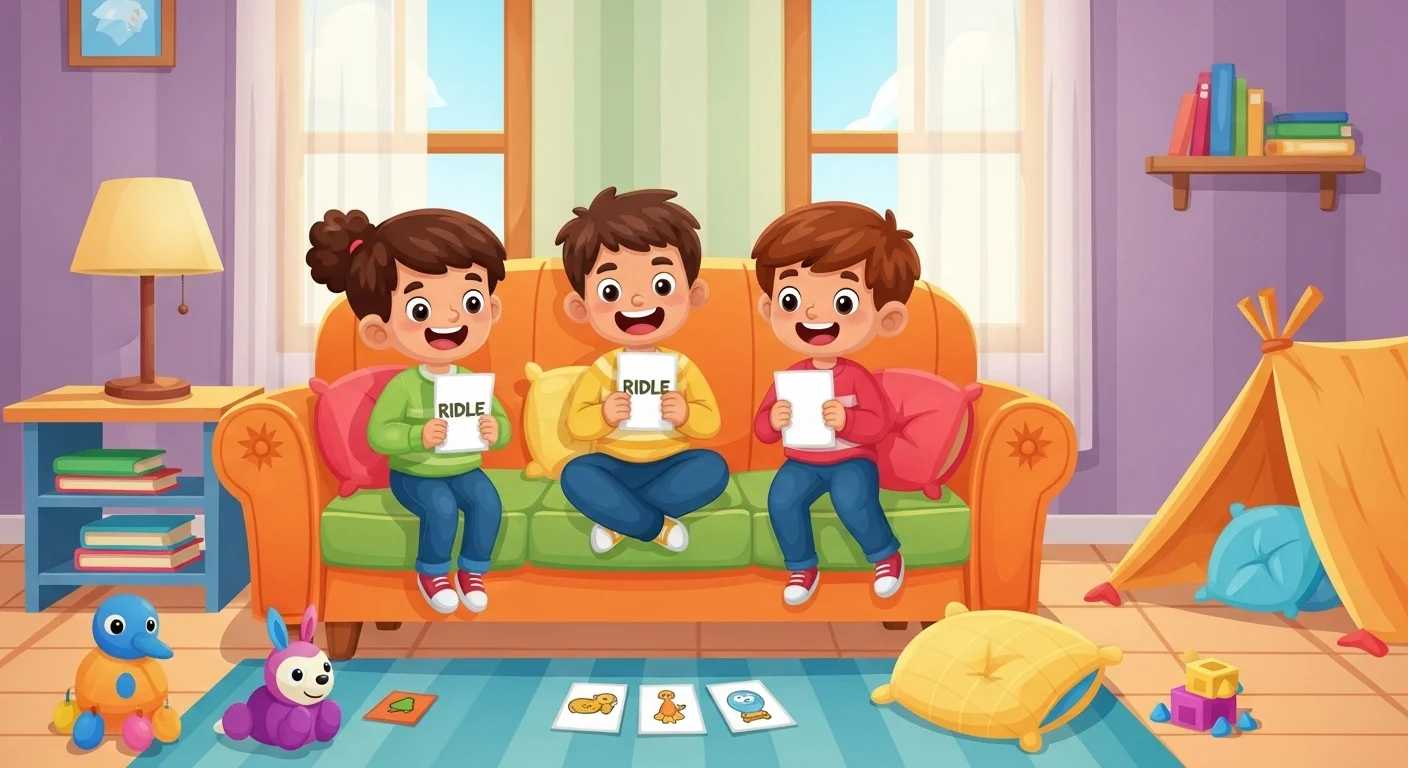 Three cartoon children solving riddles together on colorful couch