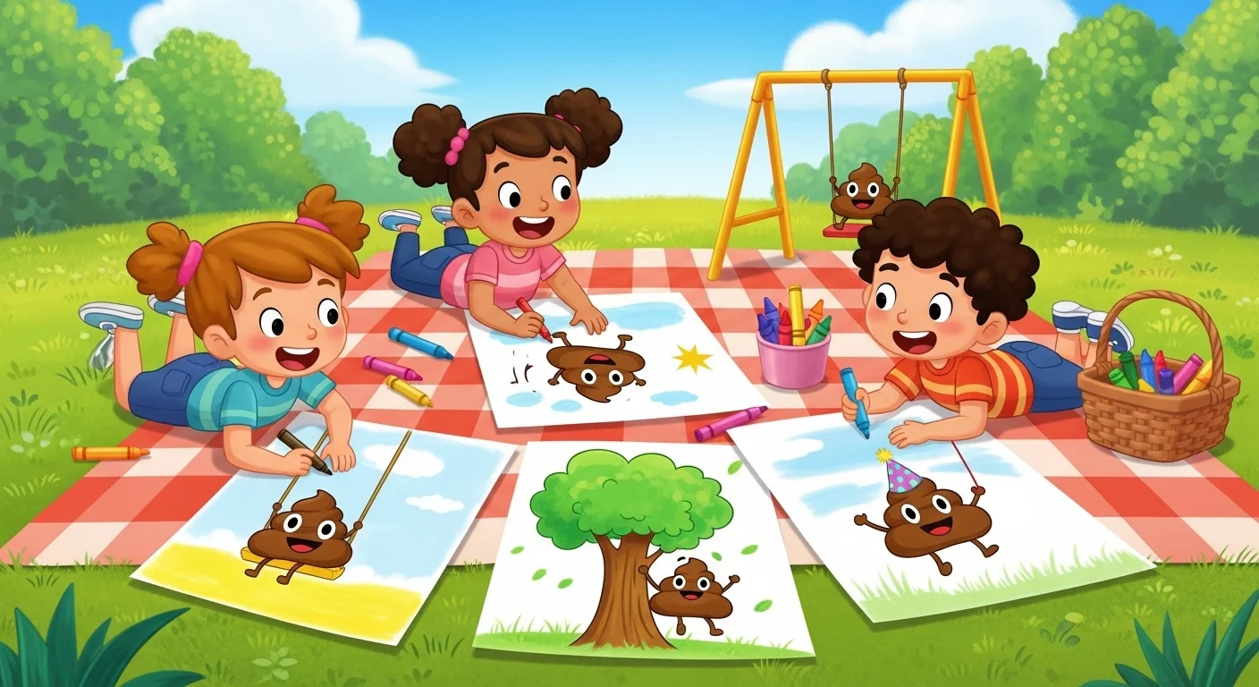 Children creating poop emoji artwork during outdoor picnic activity