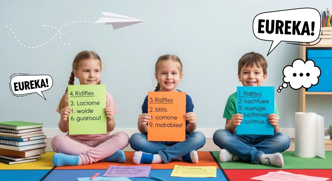 Three children celebrating eureka moments while solving paper riddles
