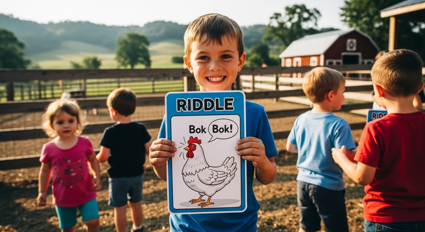 Happy boy holding farm riddle card with chicken saying bok bok
