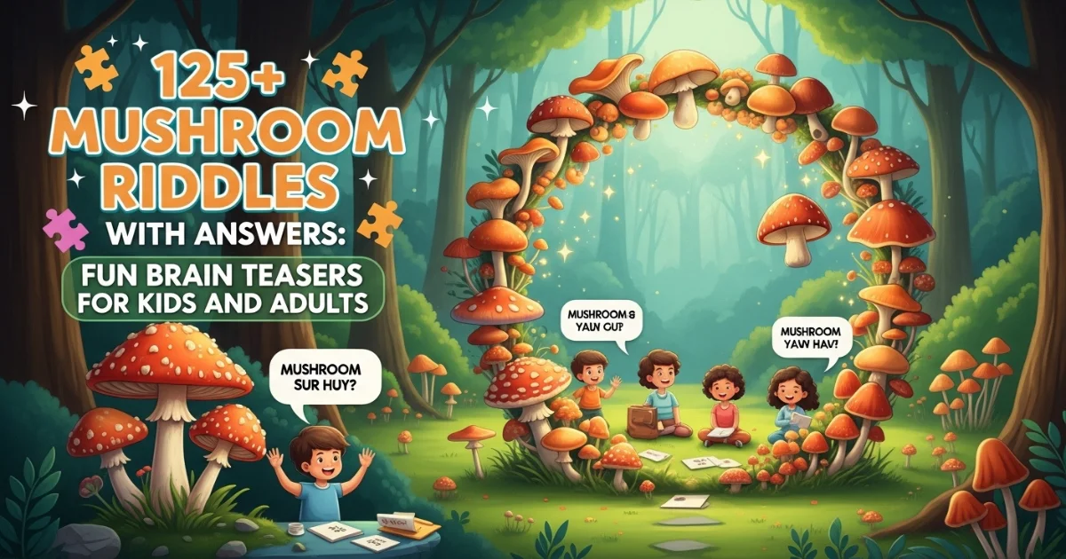 Kids solving fun mushroom riddles in enchanted forest setting