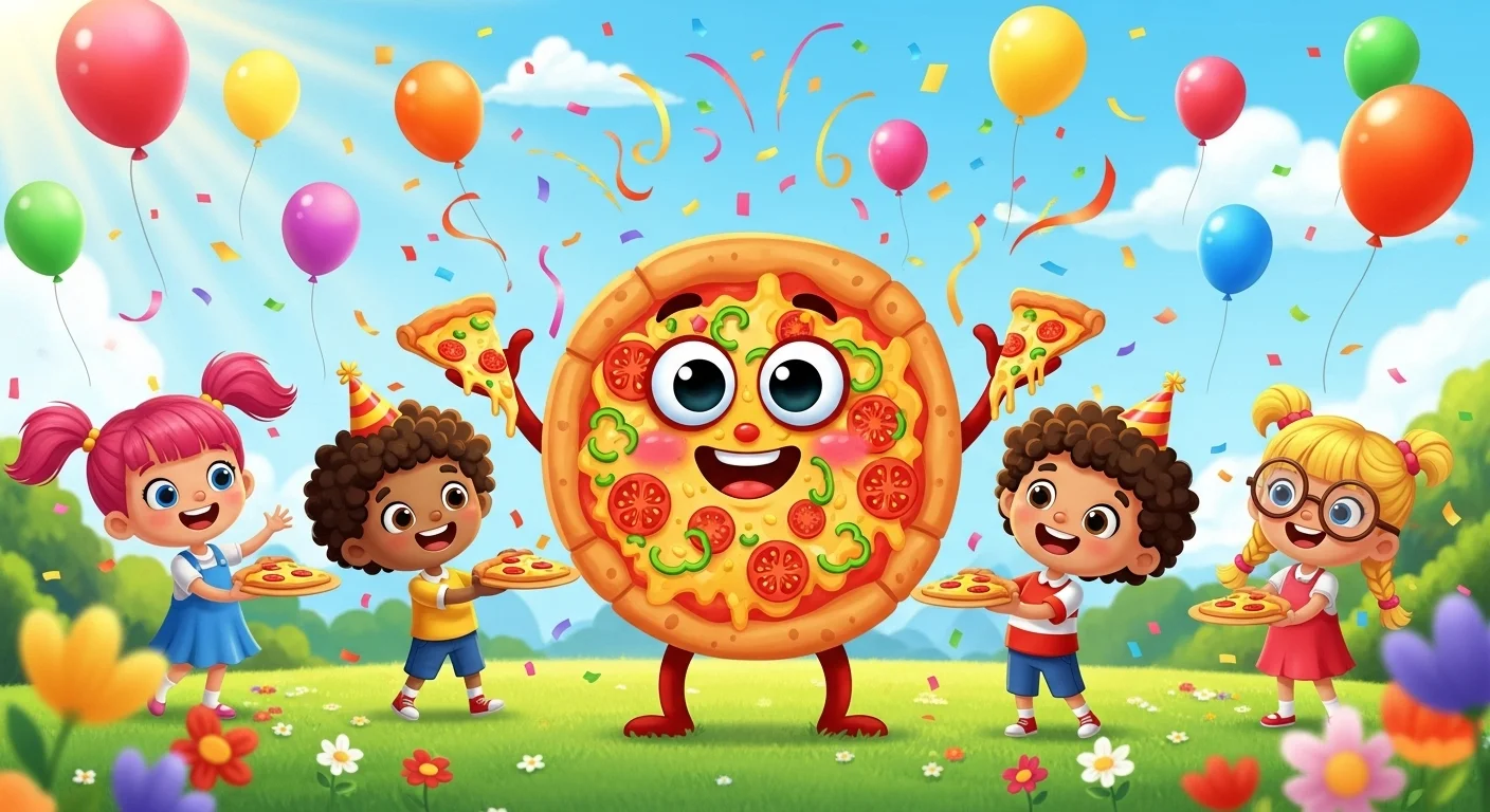 125+ Pizza Riddles and Jokes to Make Your Next Pizza Night Unforgettable 5 Happy children celebrating at pizza party with balloons and cartoon pizza