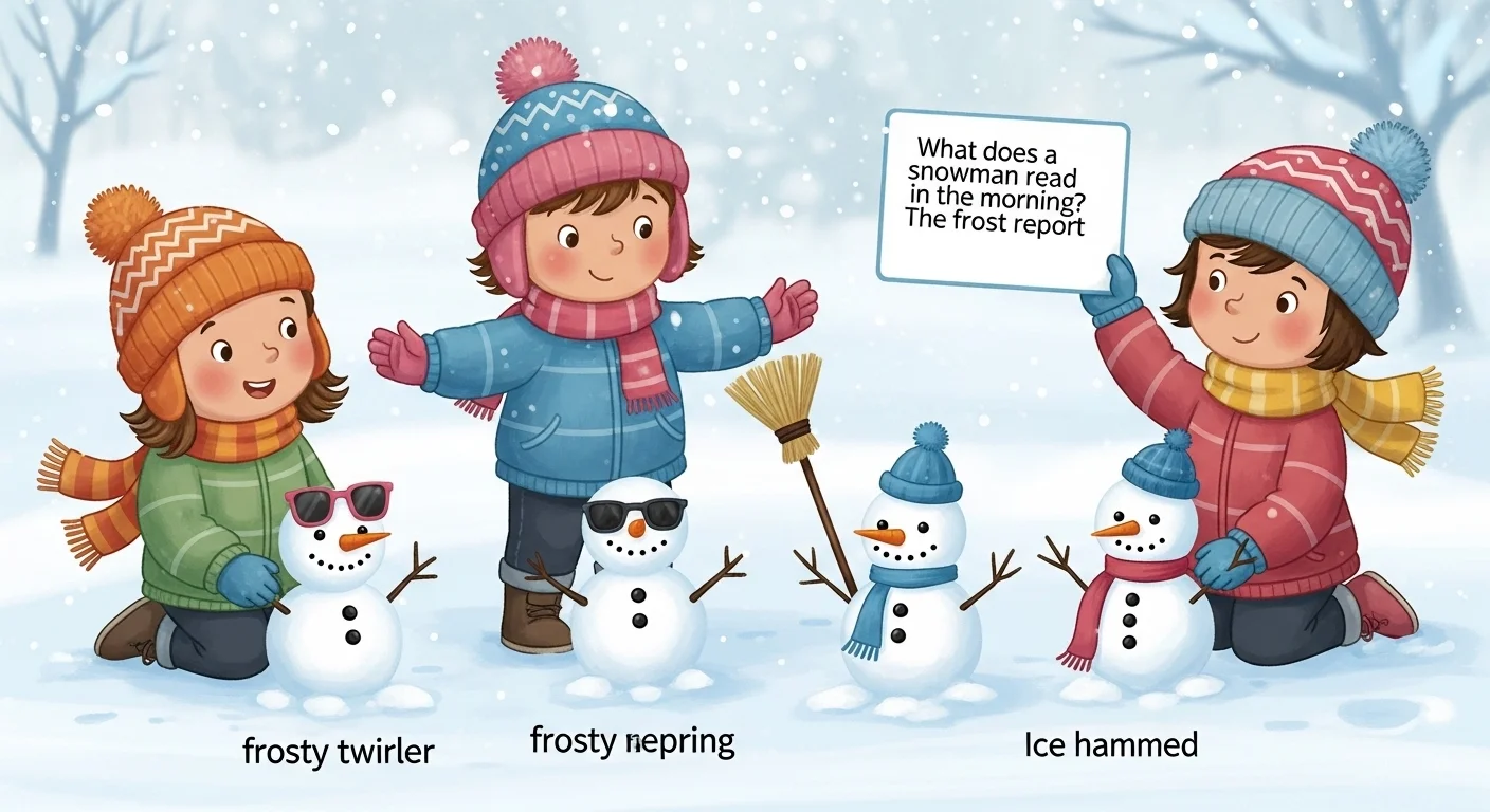 Three children building snowmen while sharing winter snowman riddles outdoors