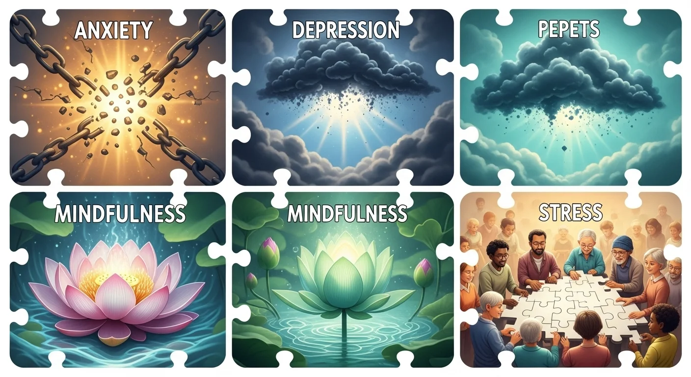 Six puzzle pieces showing anxiety depression mindfulness stress conditions