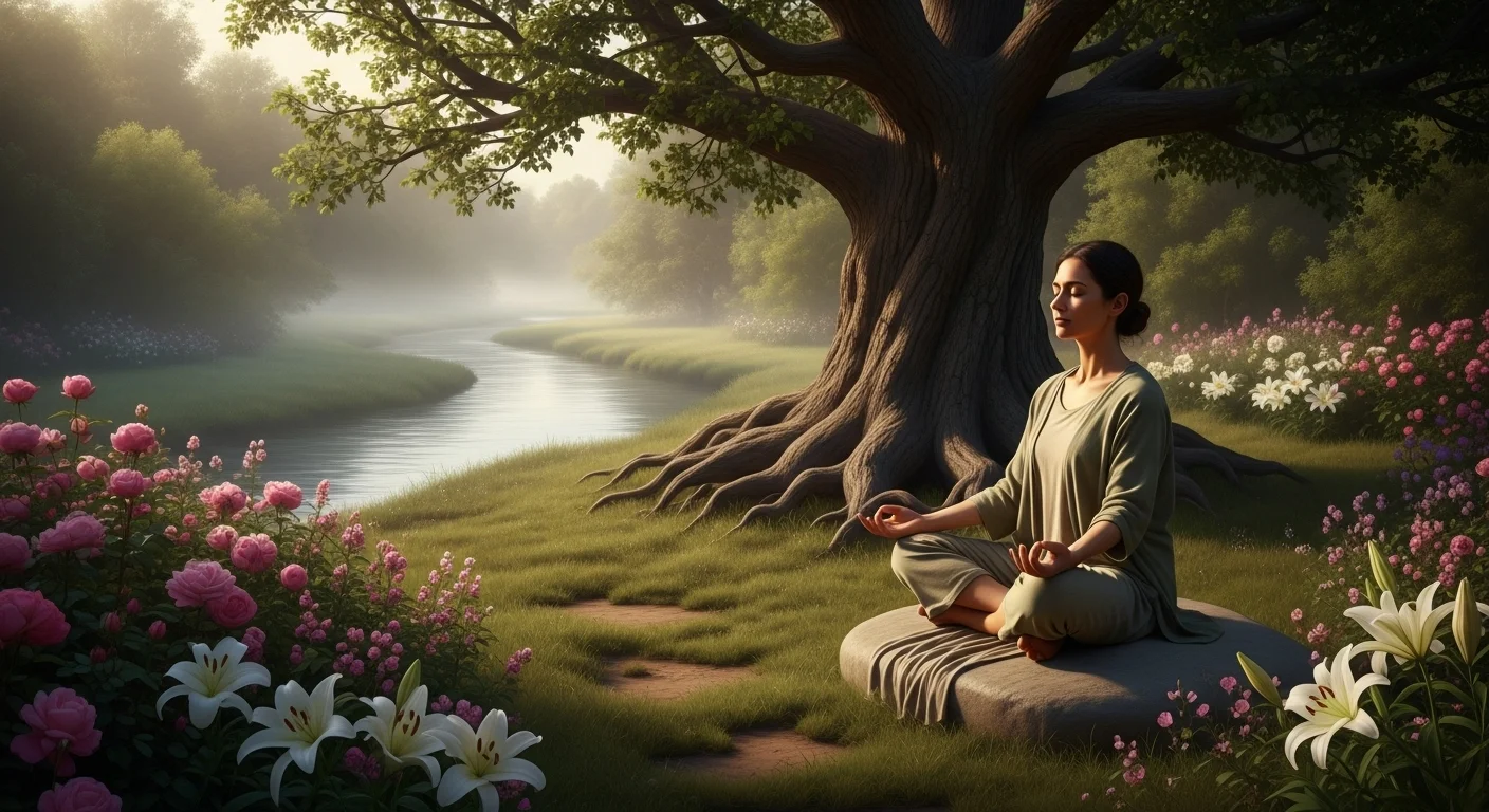 Woman practicing mindfulness meditation under tree by peaceful river