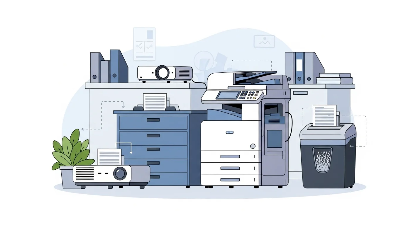 Modern office equipment including printers, projectors, and filing systems in office riddles