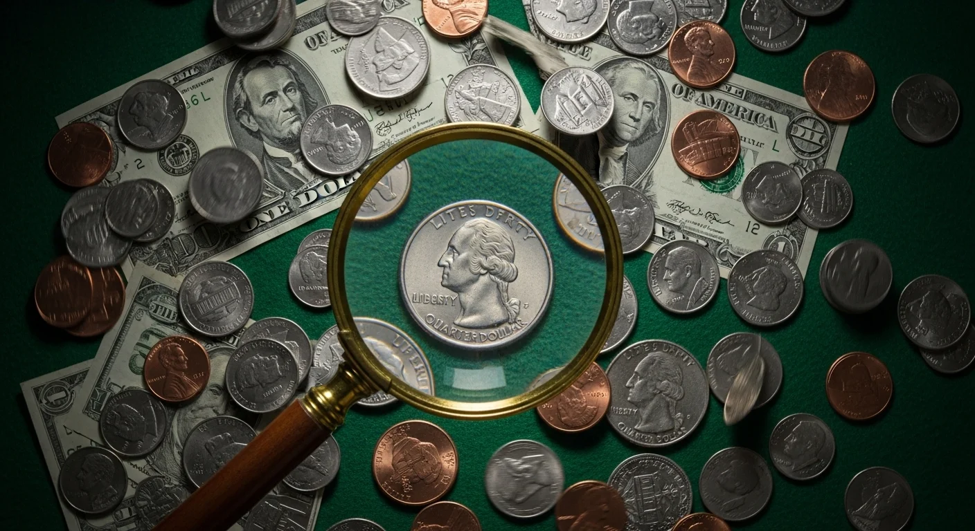 Magnifying glass examining US coins and dollar bills closeup