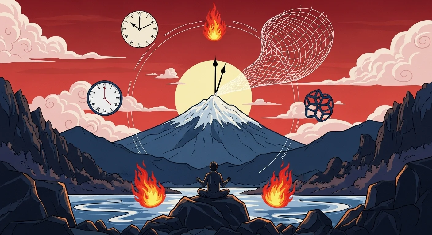 150+ Japan Riddles with Answers: Unlock the Wisdom of Japanese Wordplay 3 Mount Fuji meditation scene with clocks and geometric elements