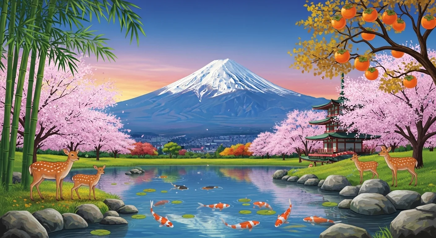 150+ Japan Riddles with Answers: Unlock the Wisdom of Japanese Wordplay 8 Mount Fuji spring scene with cherry blossoms, deer, and koi fish