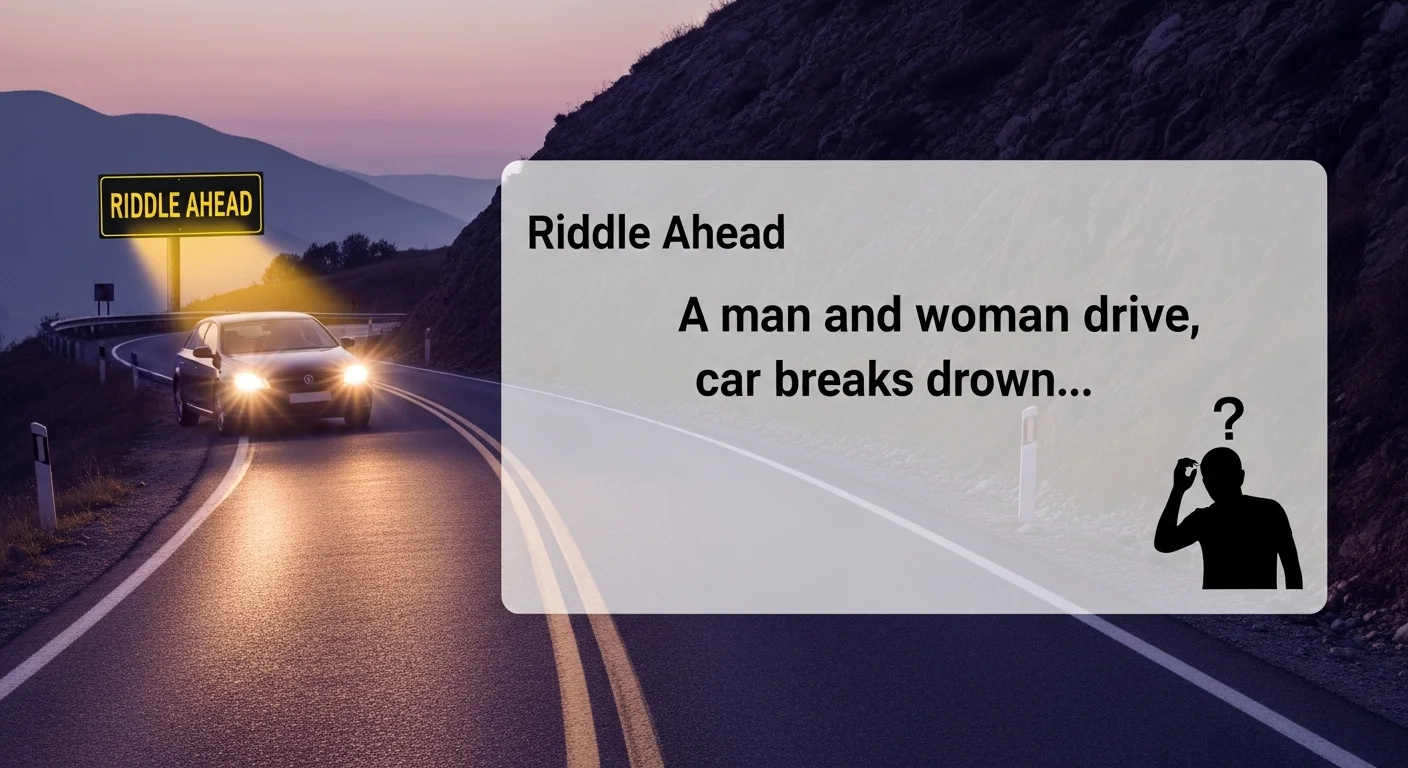 Car with headlights on mountain road featuring incomplete driving riddle
