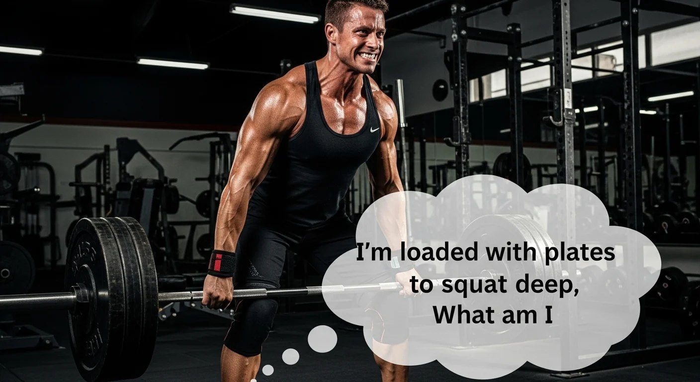Strong athlete doing barbell squats with gym riddle thought bubble