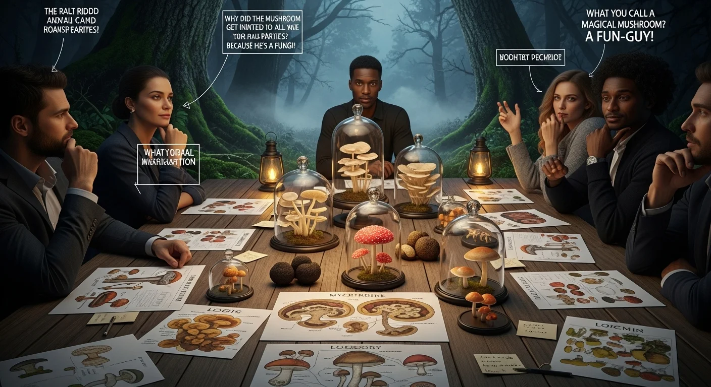 125+ Mushroom Riddles with Answers: Fun Brain Teasers for Kids and Adults 2 Adults learning mushroom identification at scientific workshop table