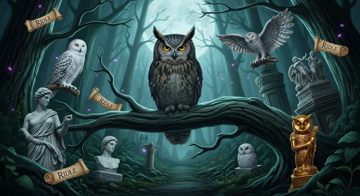 125+ Owl Riddles with Answers: Fun Brain Teasers for Kids, Adults, and Puzzle Lovers 3 Wise owls with ancient riddle scrolls in enchanted moonlit forest