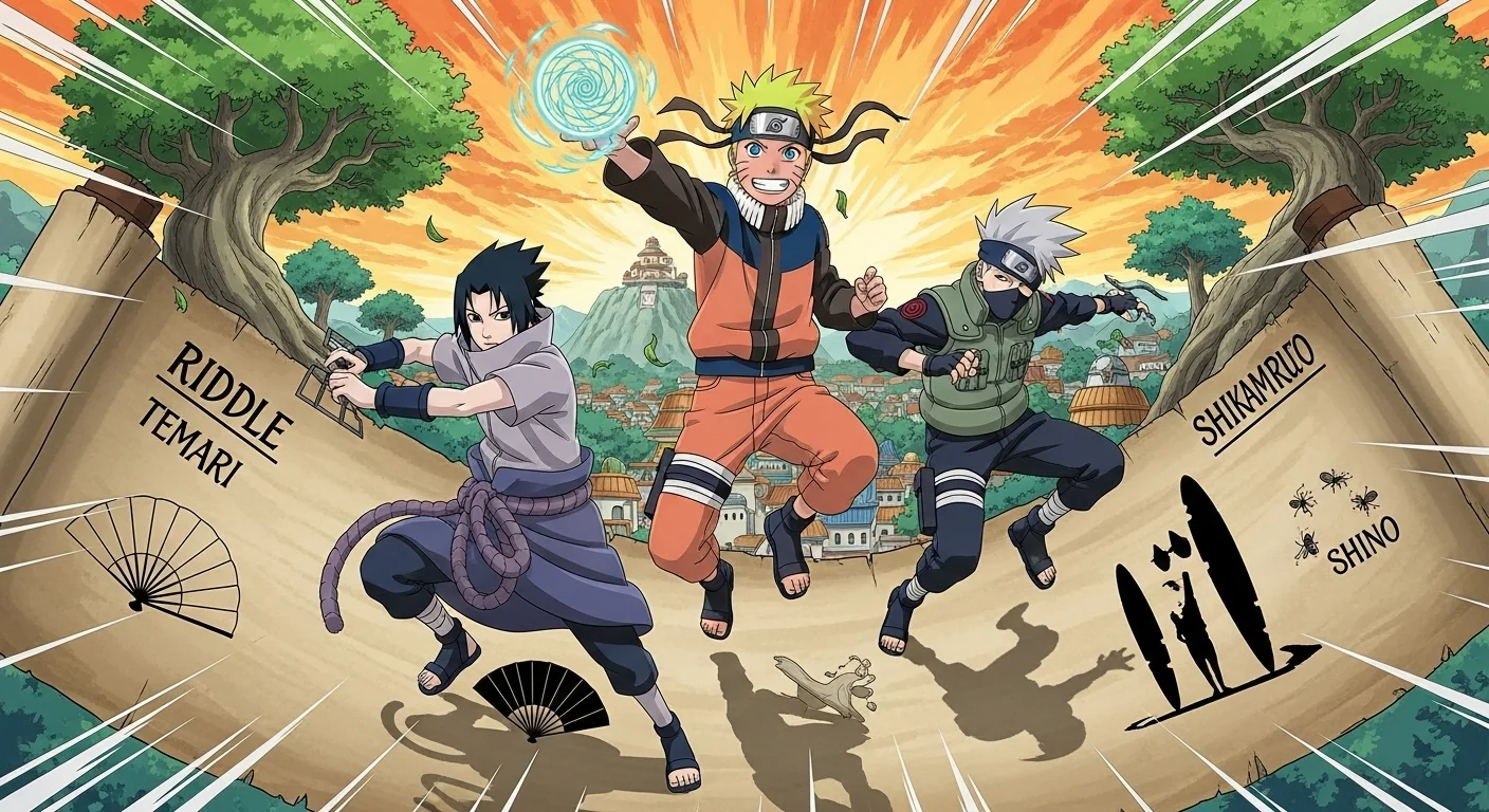 Naruto Sasuke Kakashi dynamic action poses with riddle elements