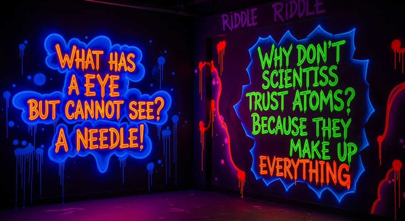 125+ Hood Riddles with Answers: Challenge Your Wit in the Streets 2 Glowing neon riddles display featuring eye and atom wordplay