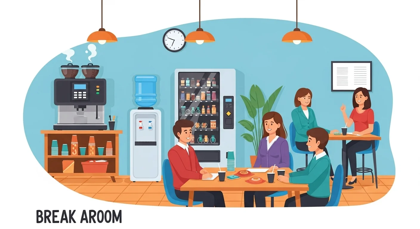 Modern office break room with employees socializing and refreshment stations