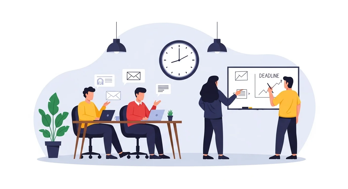 Professional office meeting with team members discussing deadlines and projects