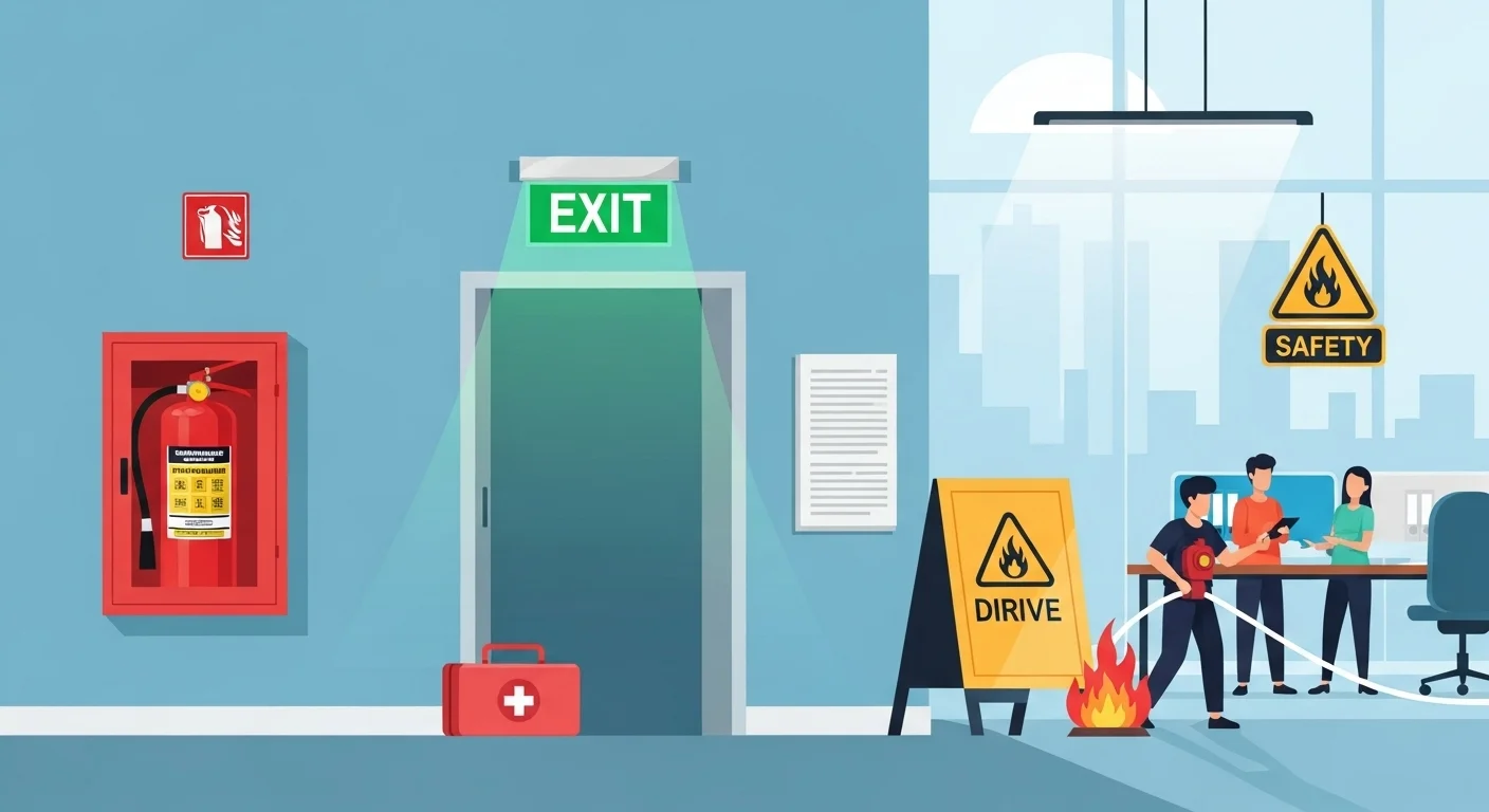 Office safety equipment including fire extinguisher, exit signs, and emergency procedures